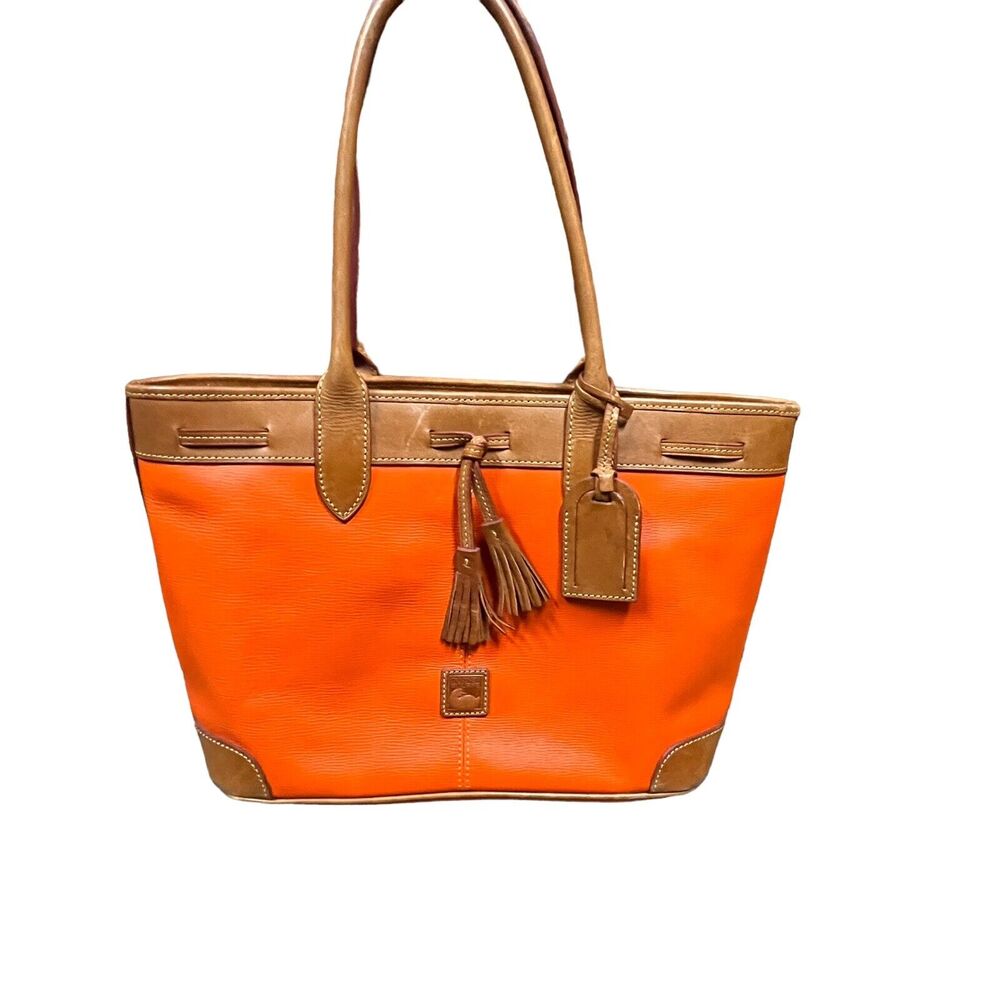 Dooney & Bourke Tote Bag Purse Saffiano Tassel Orange with Tan Trim Vintage